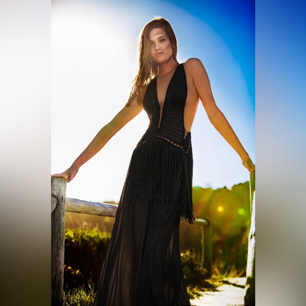 Leafy black Silk Crochet Bodice with Fringes and Silk Fabric Skirt